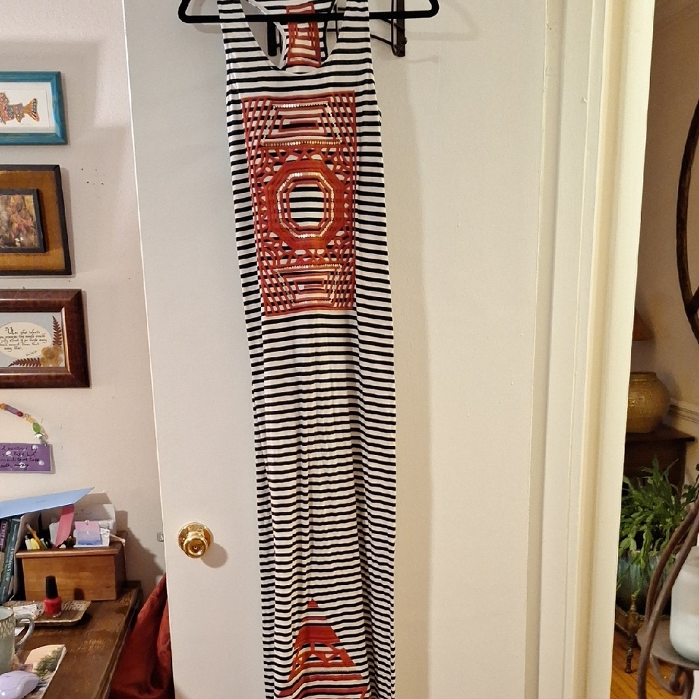 THML Black and White Striped Maxi Dress with Red Accents